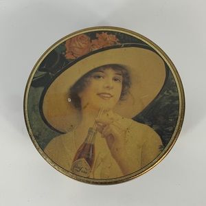 Vintage 1984 Bristol Ware Coca Cola 7” round Victorian Lady tin. Multi colored
